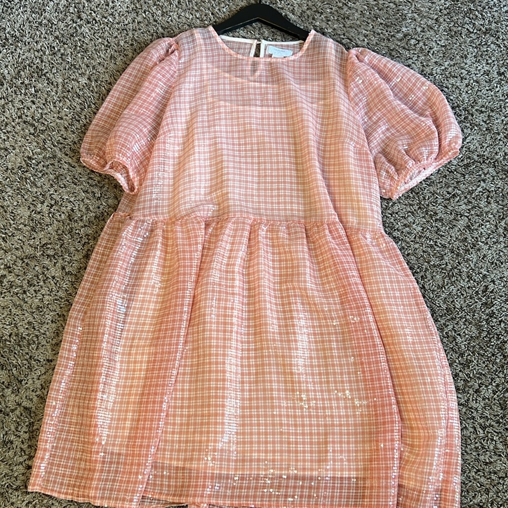 Peach Gingham Mini Dress with Puff Sleeves - Picture 2 of 16